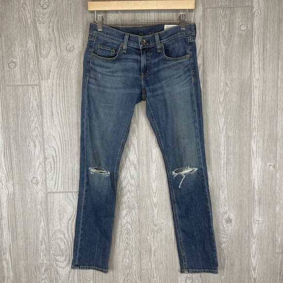 RAG & BONE Torn Knees Distressed Tomboy Skinny Jeans Low Rise Womens Sz 25 - Picture 1 of 9